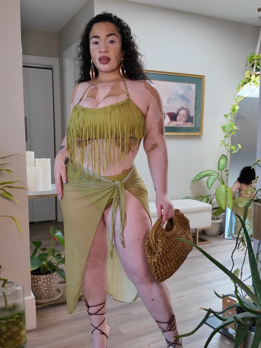 Olive Green Fringe Halter Top & Sarong Set